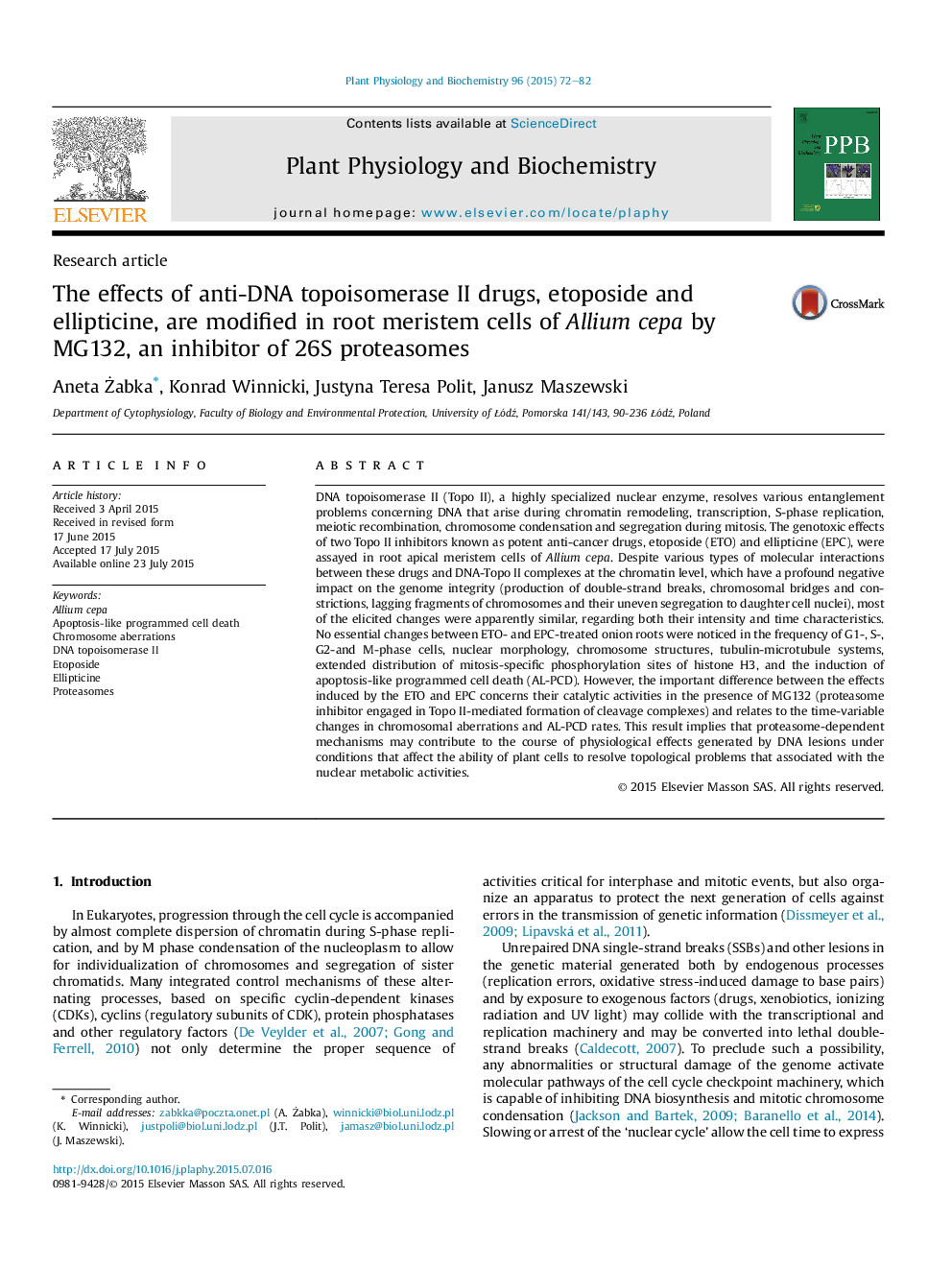 The effects of anti-DNA topoisomerase II drugs, etoposide and ellipticine, are modified in root meristem cells of Allium cepa by MG132, an inhibitor of 26S proteasomes