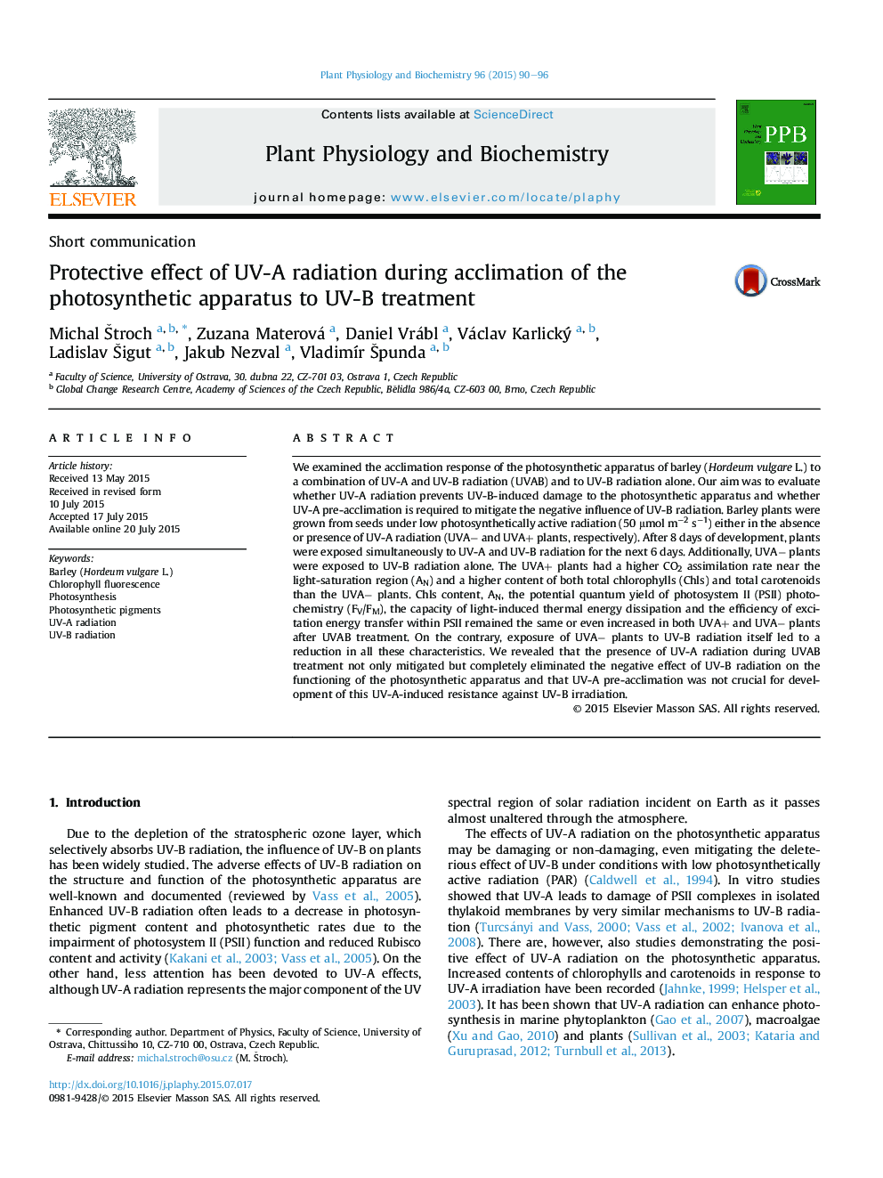 Protective effect of UV-A radiation during acclimation of the photosynthetic apparatus to UV-B treatment