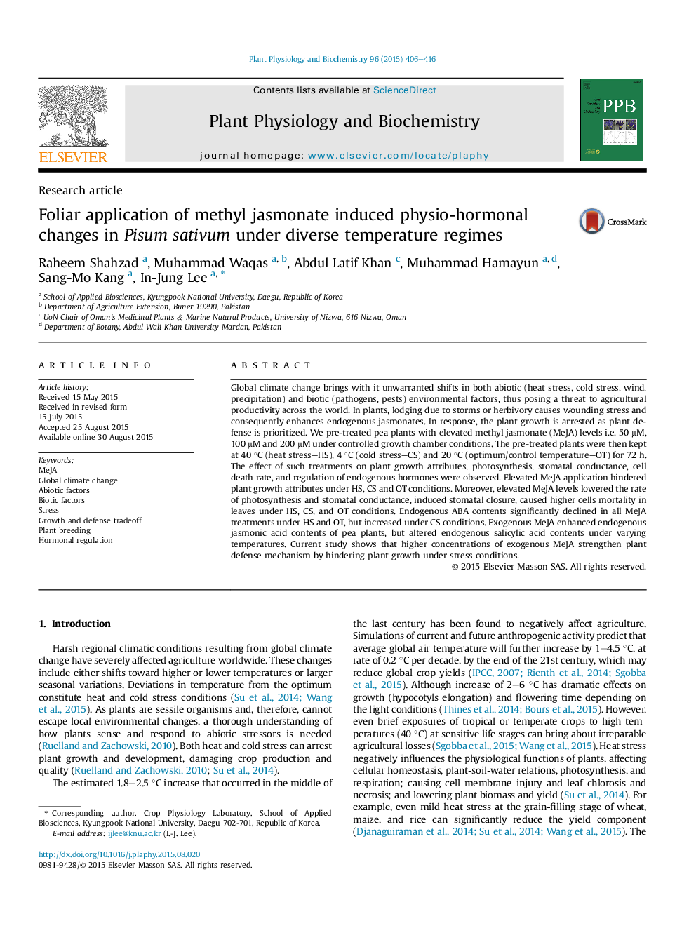 Foliar application of methyl jasmonate induced physio-hormonal changes in Pisum sativum under diverse temperature regimes