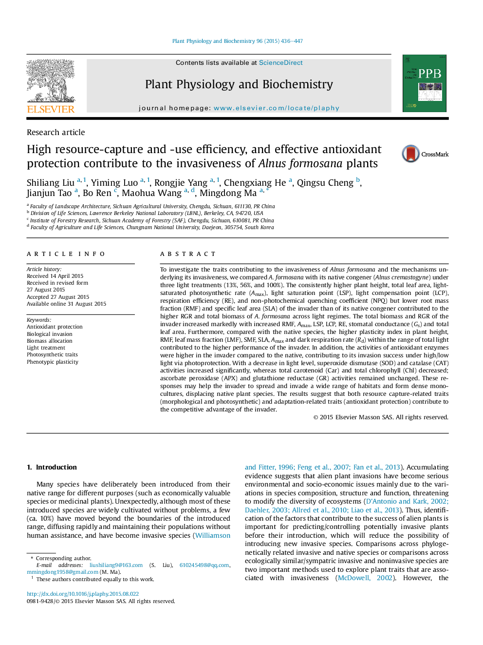 High resource-capture and -use efficiency, and effective antioxidant protection contribute to the invasiveness of Alnus formosana plants