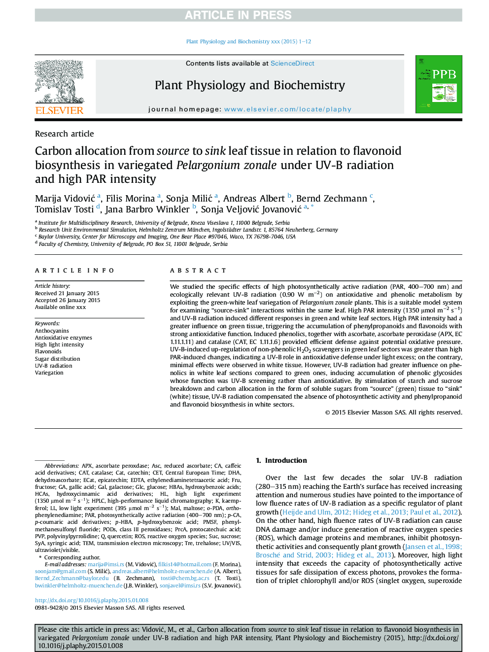 Carbon allocation from source to sink leaf tissue in relation to flavonoid biosynthesis in variegated Pelargonium zonale under UV-B radiation and high PAR intensity