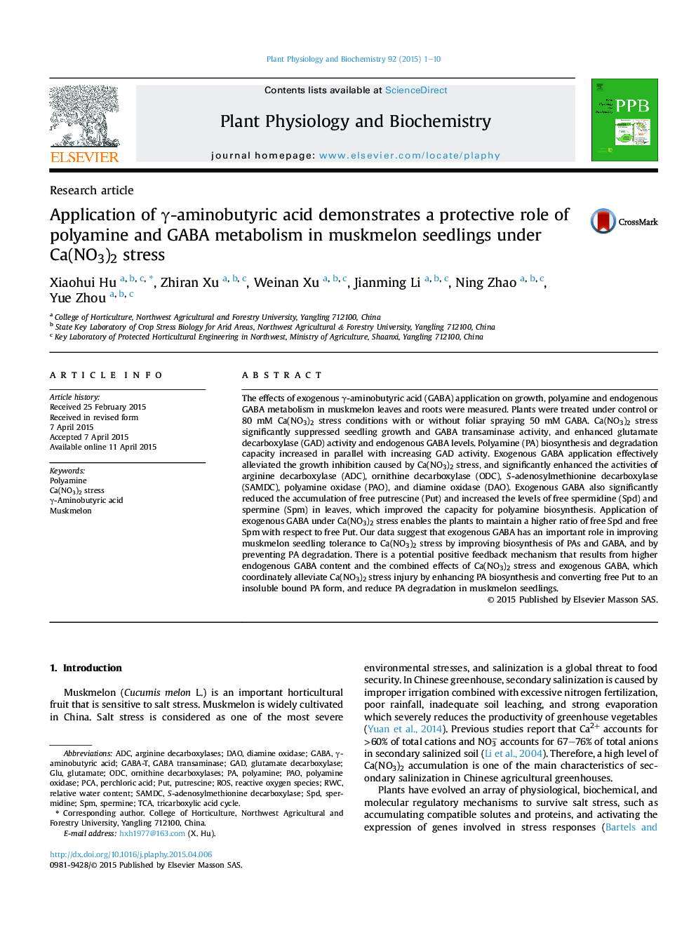 Application of Î³-aminobutyric acid demonstrates a protective role of polyamine and GABA metabolism in muskmelon seedlings under Ca(NO3)2 stress