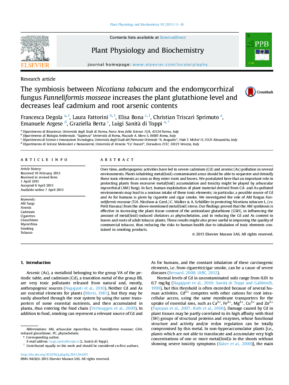 The symbiosis between Nicotiana tabacum and the endomycorrhizal fungus Funneliformis mosseae increases the plant glutathione level and decreases leaf cadmium and root arsenic contents