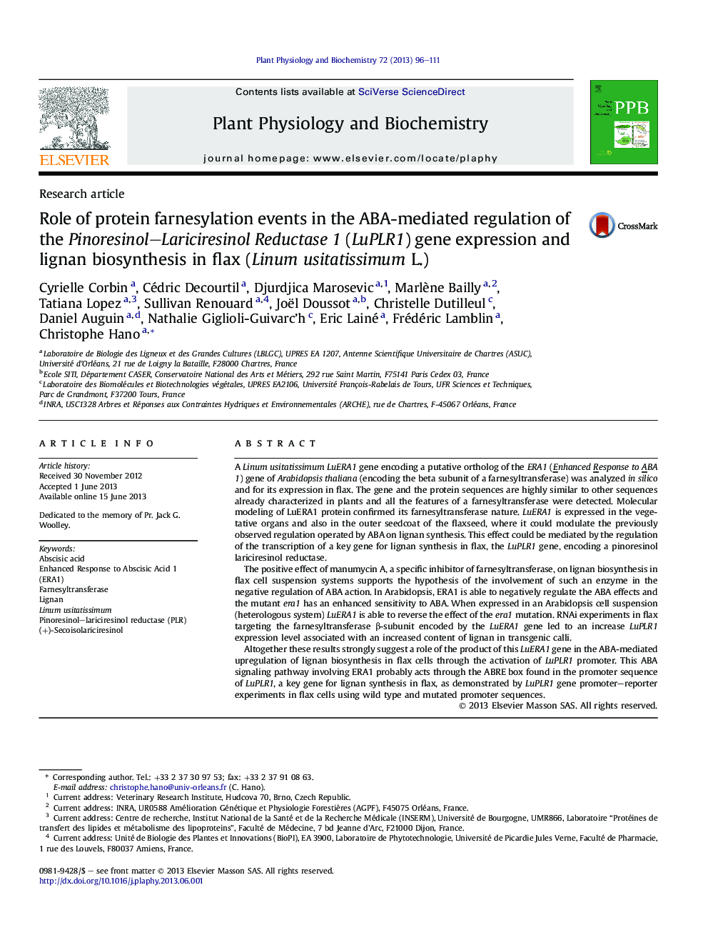 Role of protein farnesylation events in the ABA-mediated regulation of the Pinoresinol-Lariciresinol Reductase 1 (LuPLR1) gene expression and lignan biosynthesis in flax (Linum usitatissimum L.)