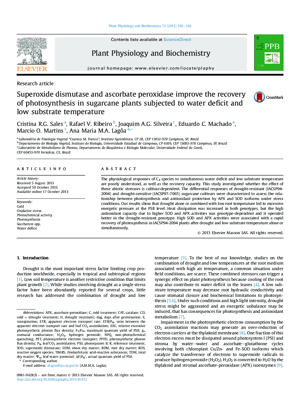 Superoxide dismutase and ascorbate peroxidase improve the recovery of photosynthesis in sugarcane plants subjected to water deficit and low substrate temperature