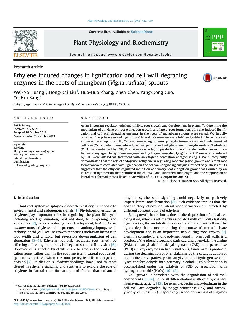 Ethylene-induced changes in lignification and cell wall-degrading enzymes in the roots of mungbean (Vigna radiata) sprouts