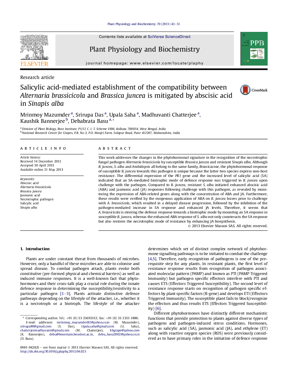 Salicylic acid-mediated establishment of the compatibility between Alternaria brassicicola and Brassica juncea is mitigated by abscisic acid in Sinapis alba