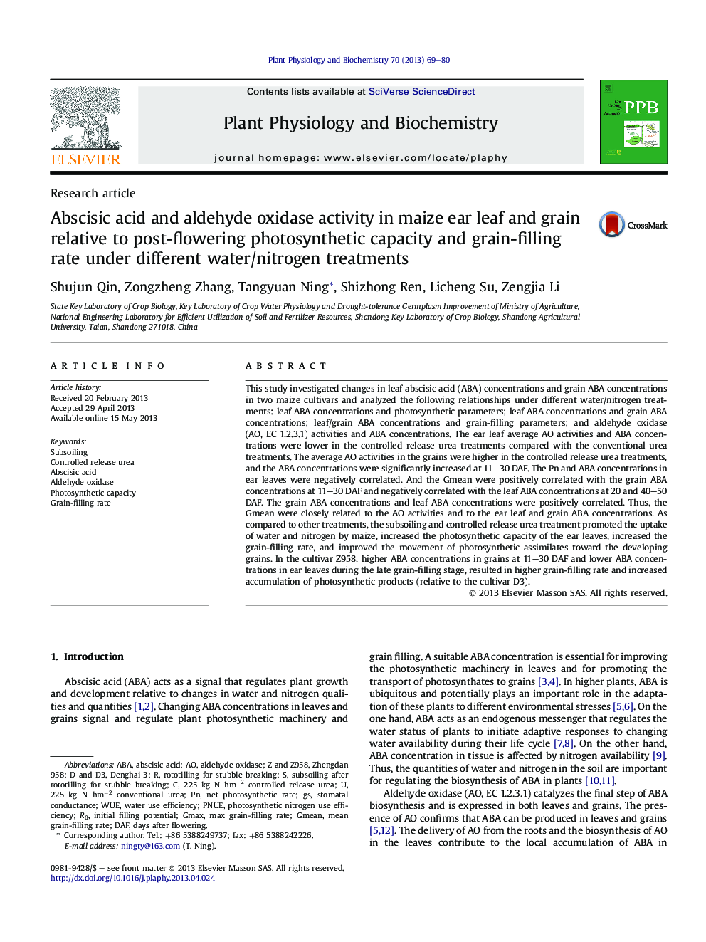 Abscisic acid and aldehyde oxidase activity in maize ear leaf and grain relative toÂ post-flowering photosynthetic capacity and grain-filling rate under different water/nitrogen treatments