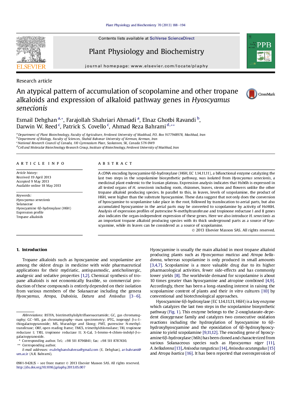 An atypical pattern of accumulation of scopolamine and other tropane alkaloids and expression of alkaloid pathway genes in Hyoscyamus senecionis