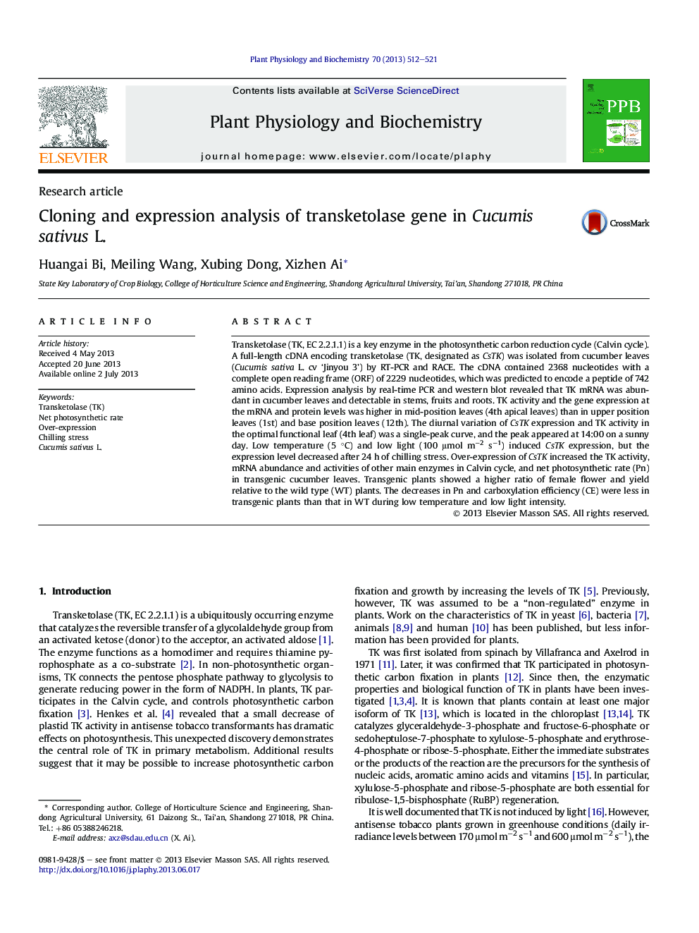 Cloning and expression analysis of transketolase gene in Cucumis sativus L.