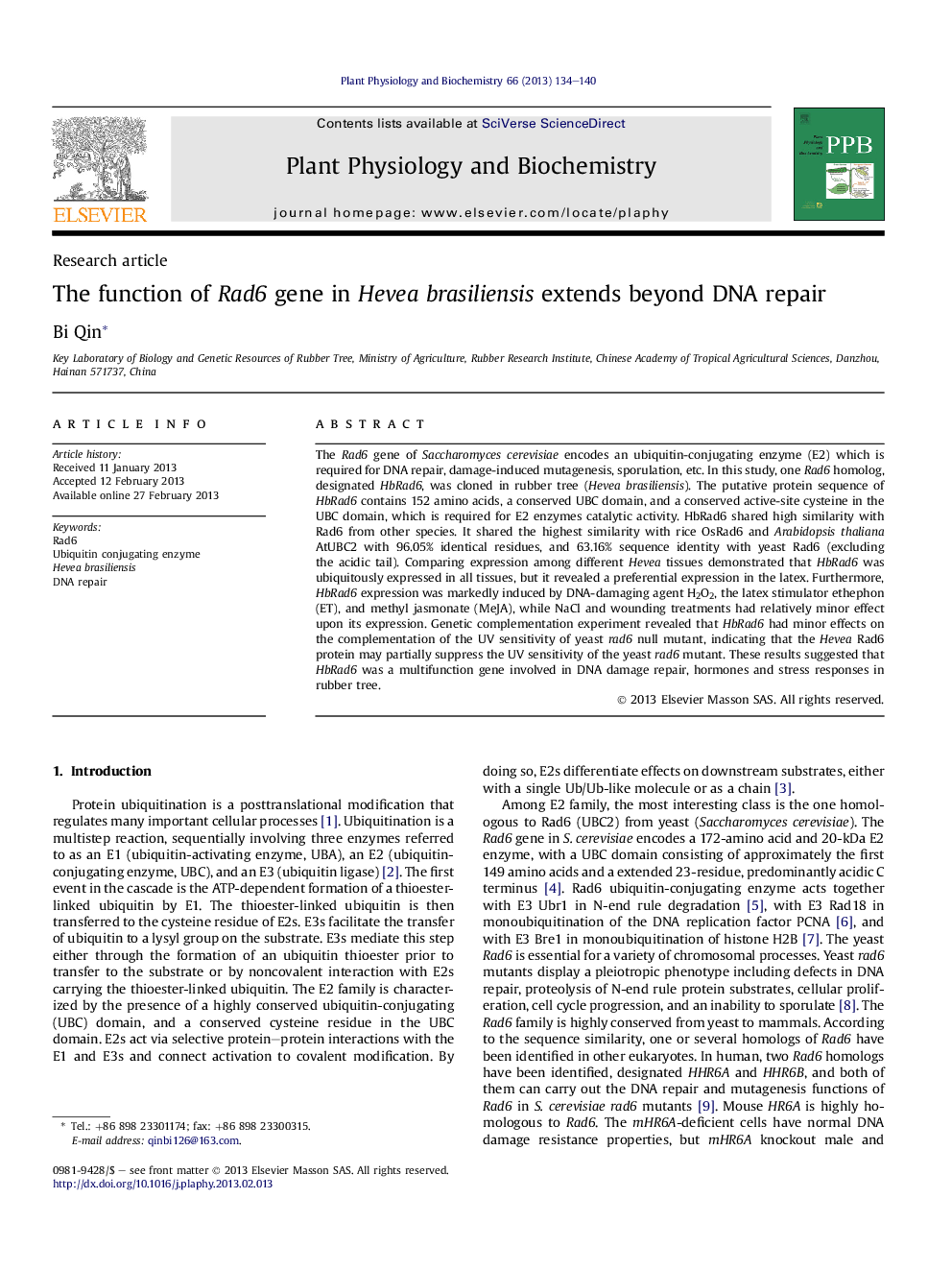 The function of Rad6 gene in Hevea brasiliensis extends beyond DNA repair