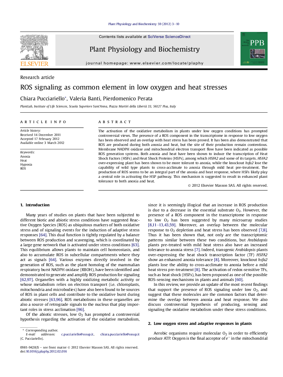 ROS signaling as common element in low oxygen and heat stresses