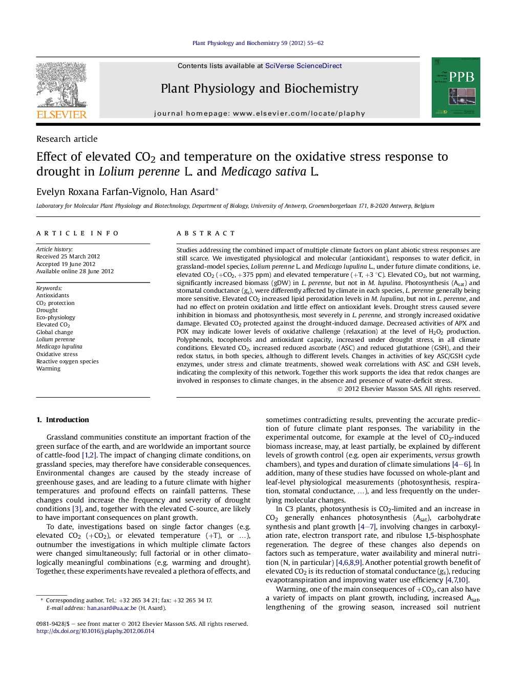 Effect of elevated CO2 and temperature on the oxidative stress response to drought in Lolium perenne L. and Medicago sativa L.