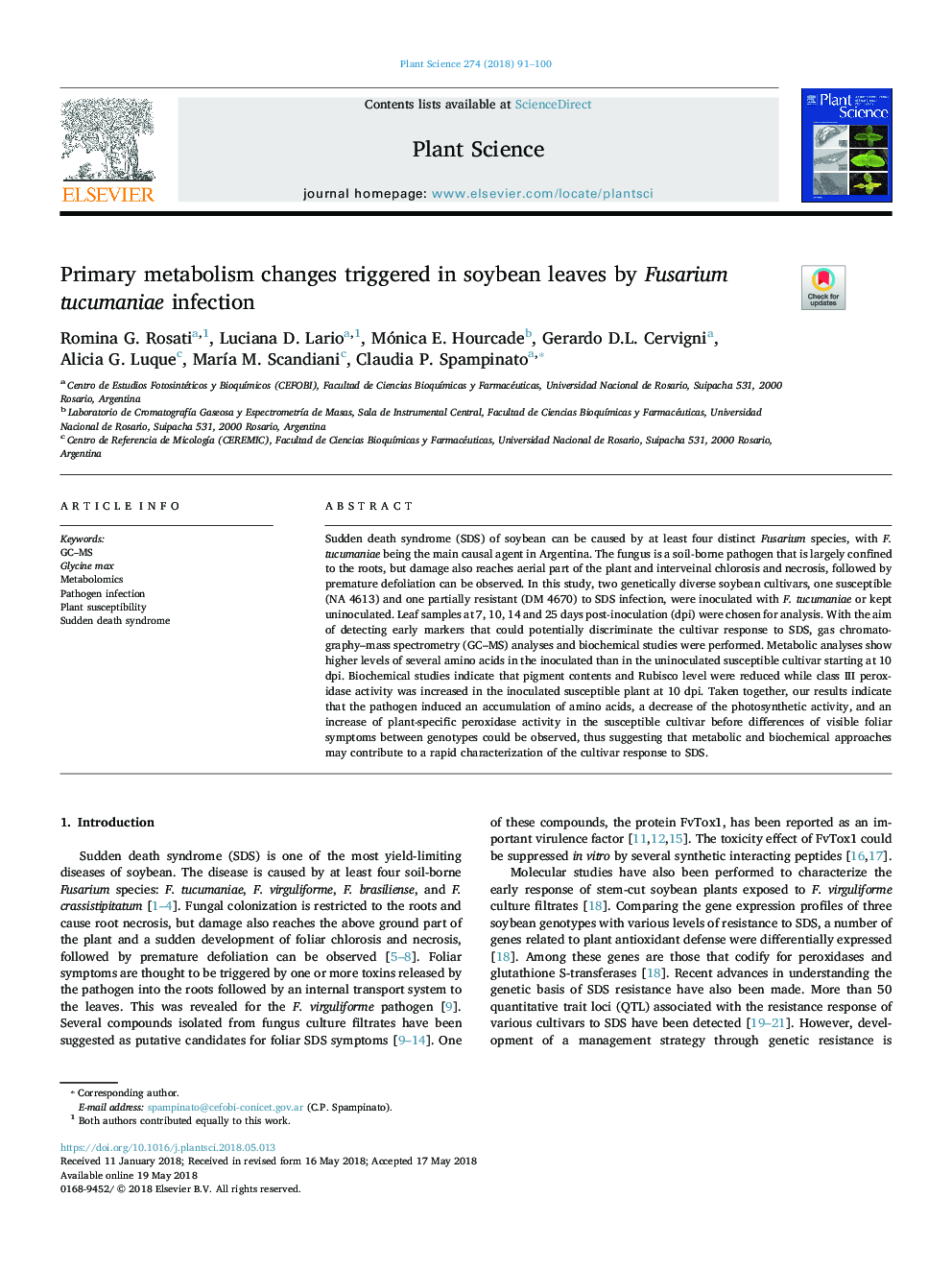 Primary metabolism changes triggered in soybean leaves by Fusarium tucumaniae infection