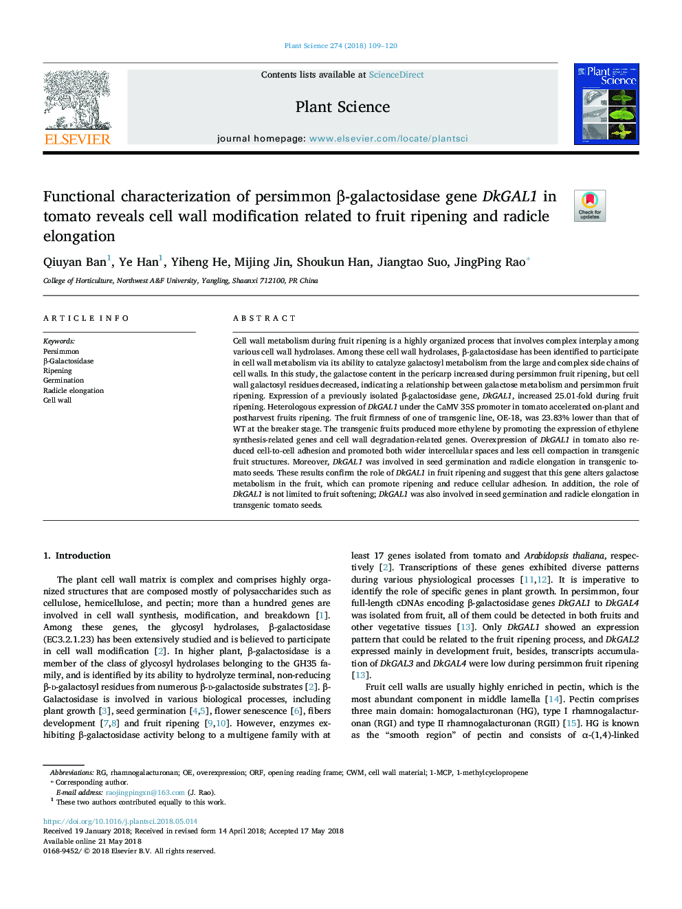 Functional characterization of persimmon Î²-galactosidase gene DkGAL1 in tomato reveals cell wall modification related to fruit ripening and radicle elongation