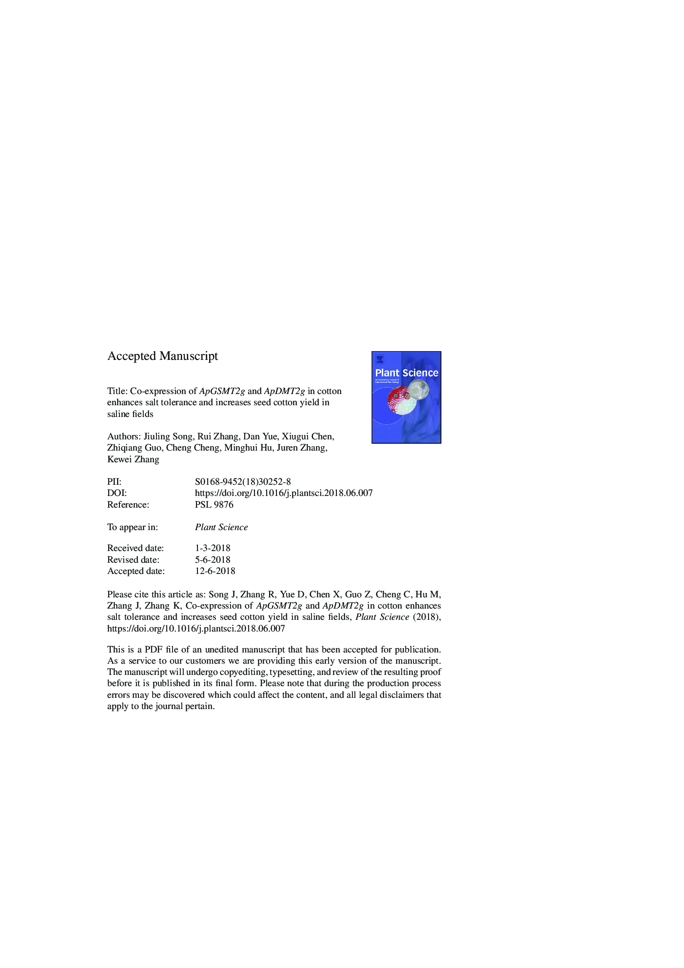 Co-expression of ApGSMT2g and ApDMT2g in cotton enhances salt tolerance and increases seed cotton yield in saline fields