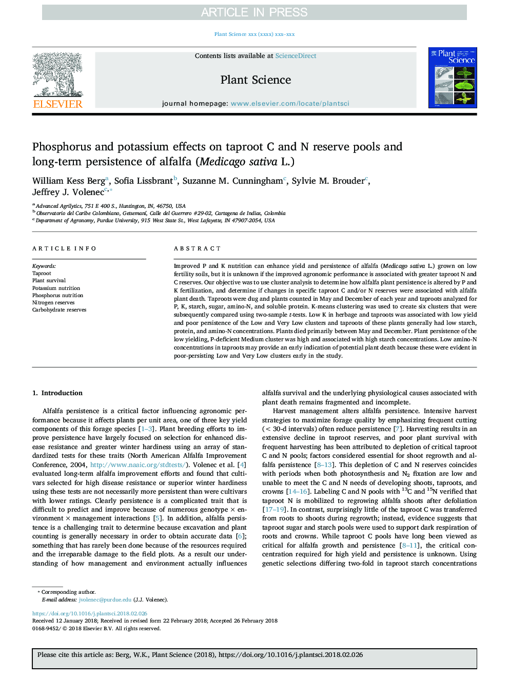 Phosphorus and potassium effects on taproot C and N reserve pools and long-term persistence of alfalfa (Medicago sativa L.)