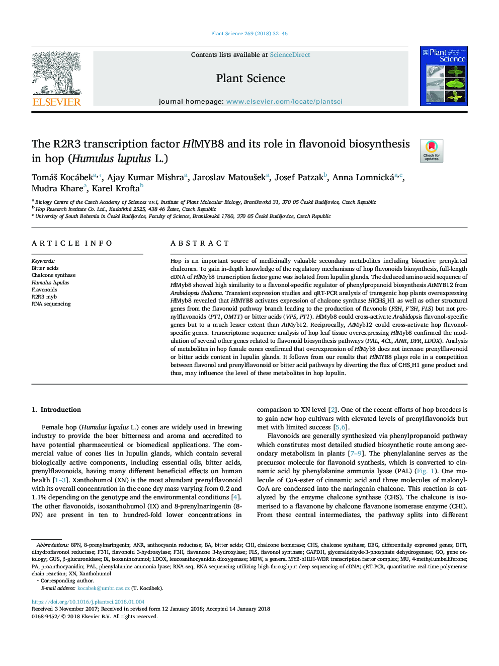 The R2R3 transcription factor HlMYB8 and its role in flavonoid biosynthesis in hop (Humulus lupulus L.)