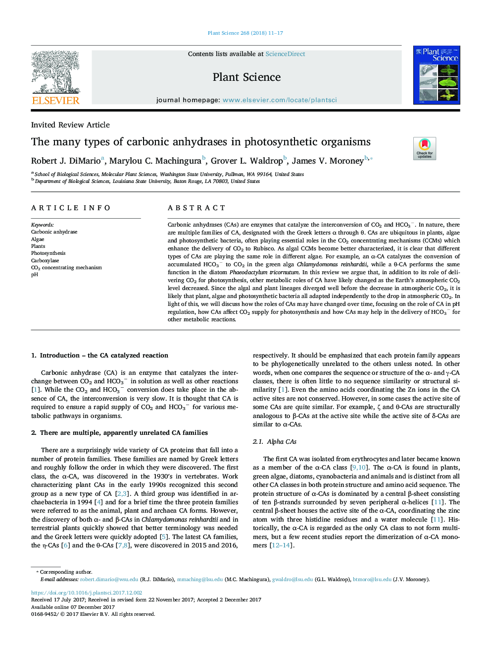 The many types of carbonic anhydrases in photosynthetic organisms