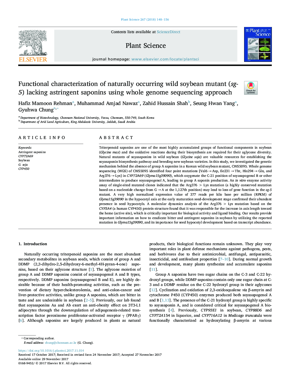 Functional characterization of naturally occurring wild soybean mutant (sg-5) lacking astringent saponins using whole genome sequencing approach