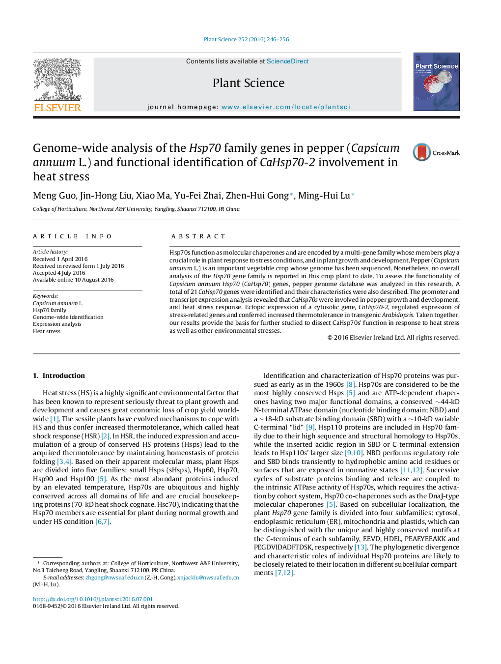 Genome-wide analysis of the Hsp70 family genes in pepper (Capsicum annuum L.) and functional identification of CaHsp70-2 involvement in heat stress