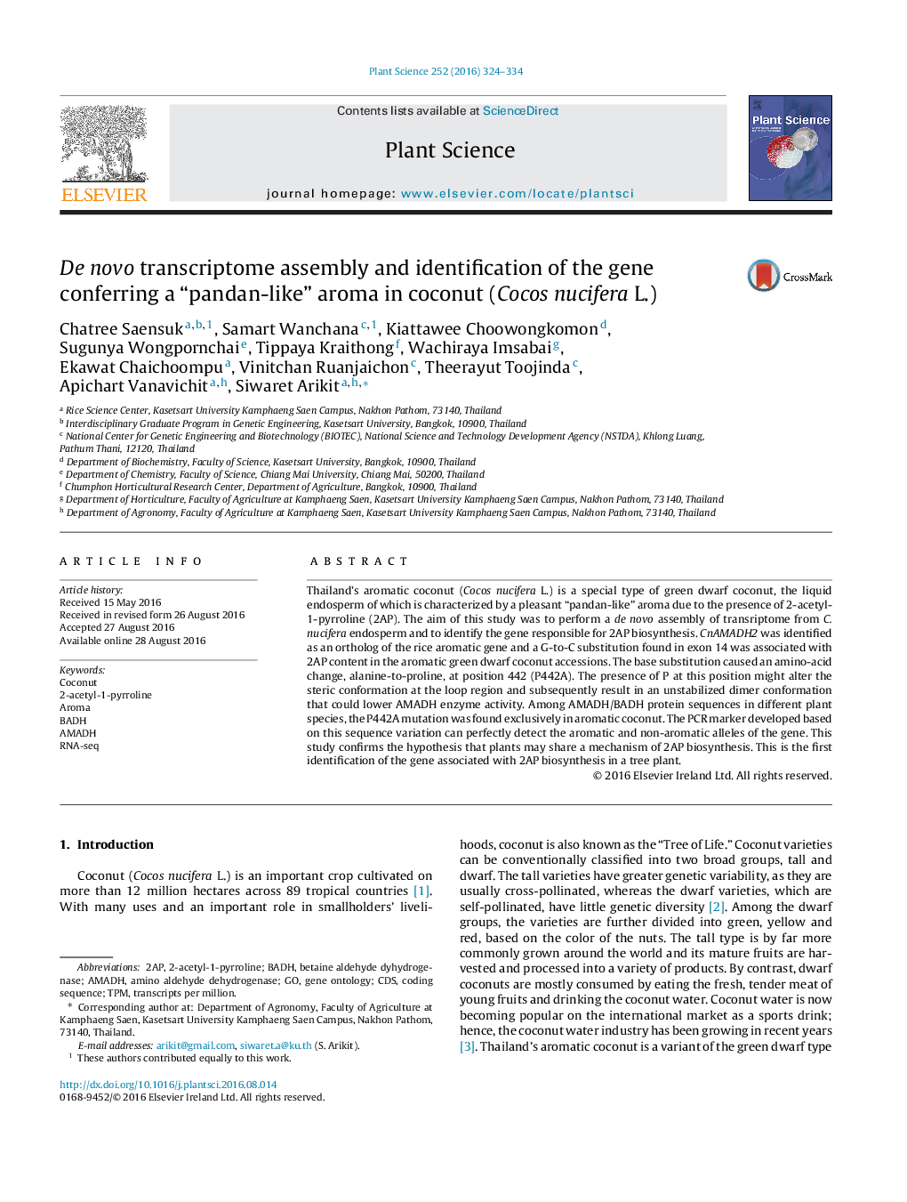 De novo transcriptome assembly and identification of the gene conferring a “pandan-like” aroma in coconut (Cocos nucifera L.)