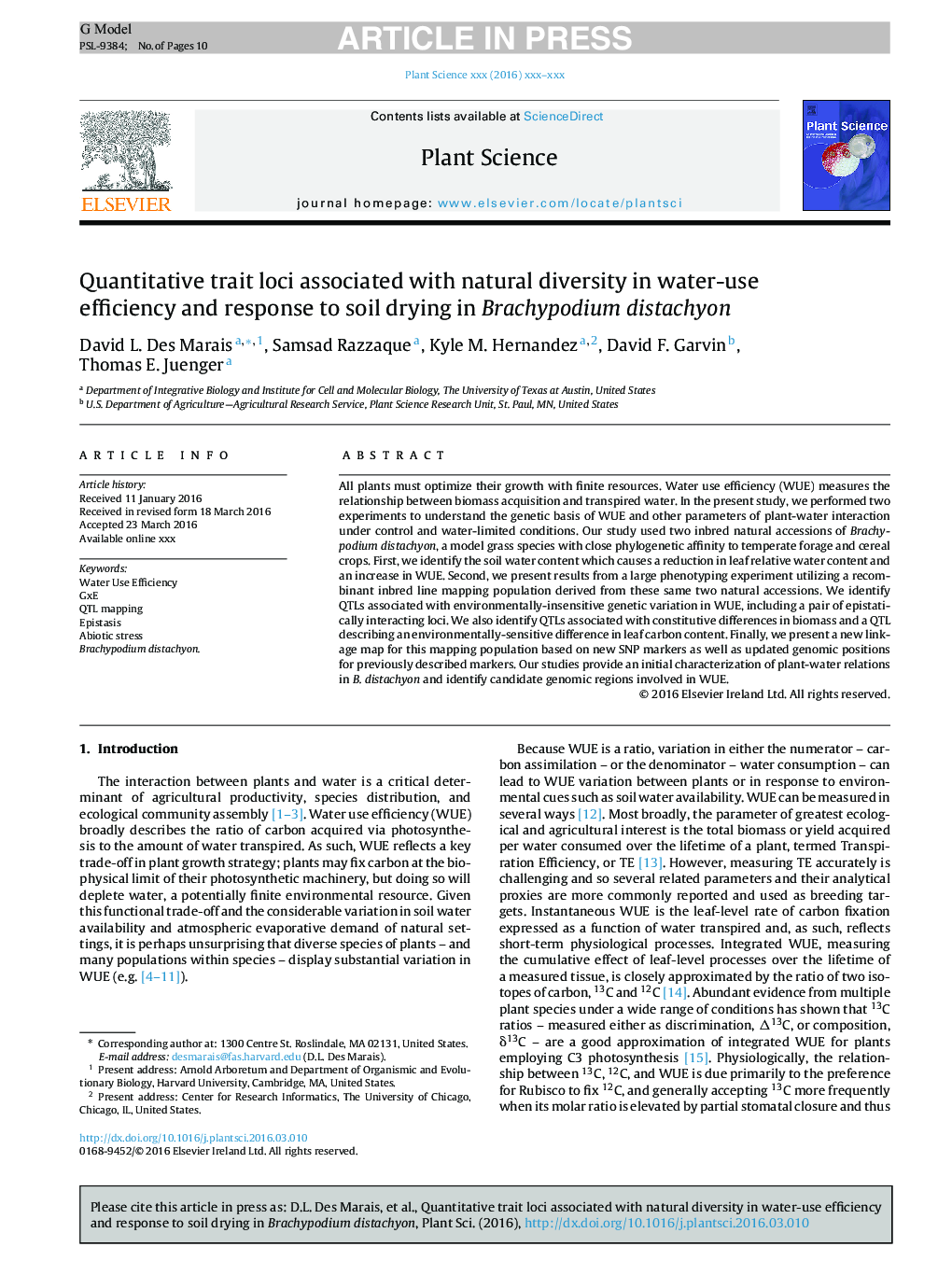 Quantitative trait loci associated with natural diversity in water-use efficiency and response to soil drying in Brachypodium distachyon