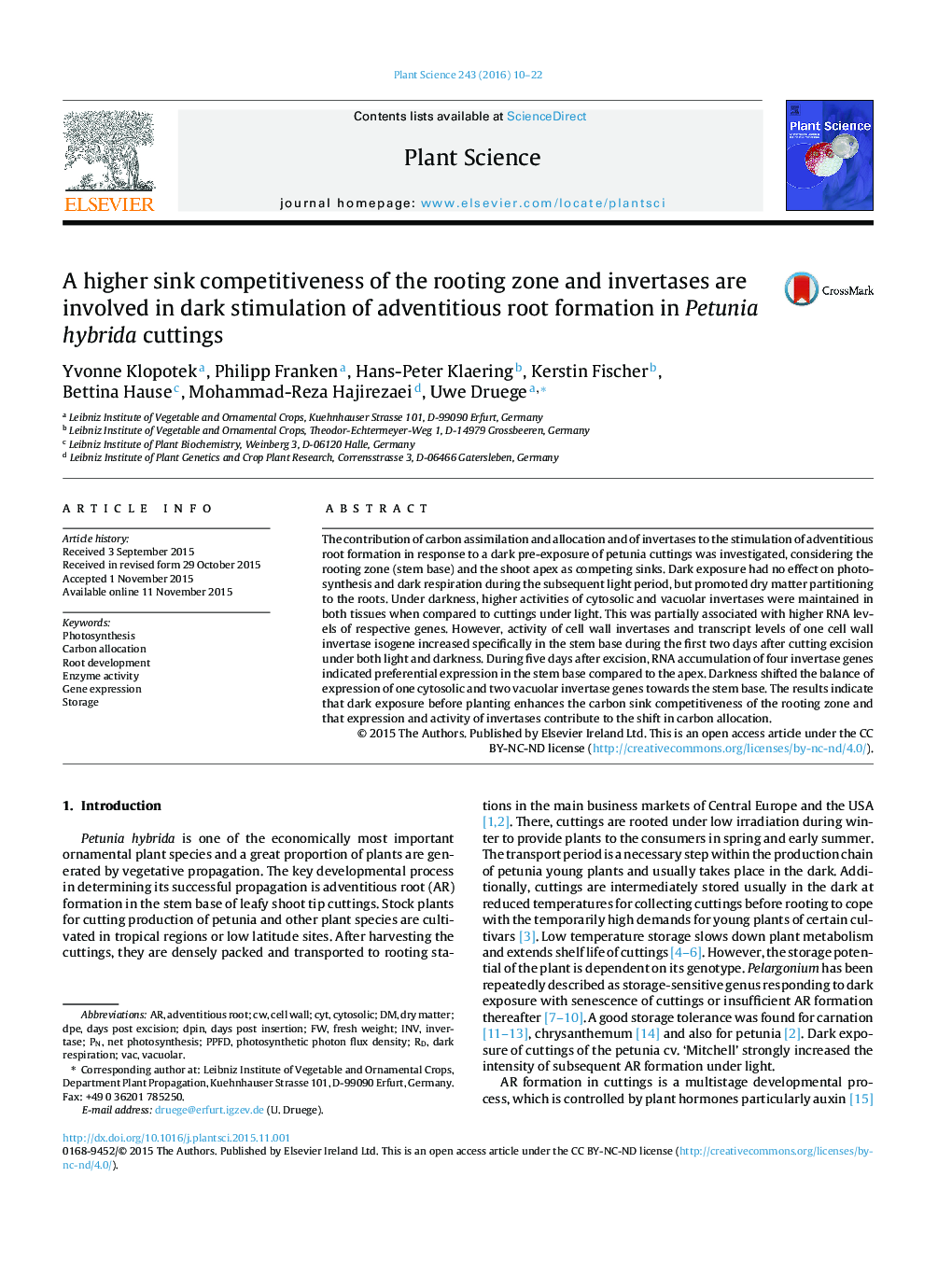 A higher sink competitiveness of the rooting zone and invertases are involved in dark stimulation of adventitious root formation in Petunia hybrida cuttings