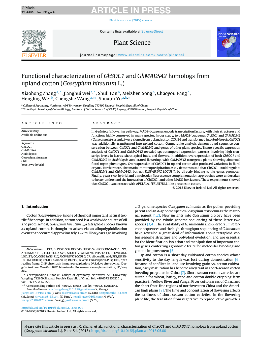 Functional characterization of GhSOC1 and GhMADS42 homologs from upland cotton (Gossypium hirsutum L.)