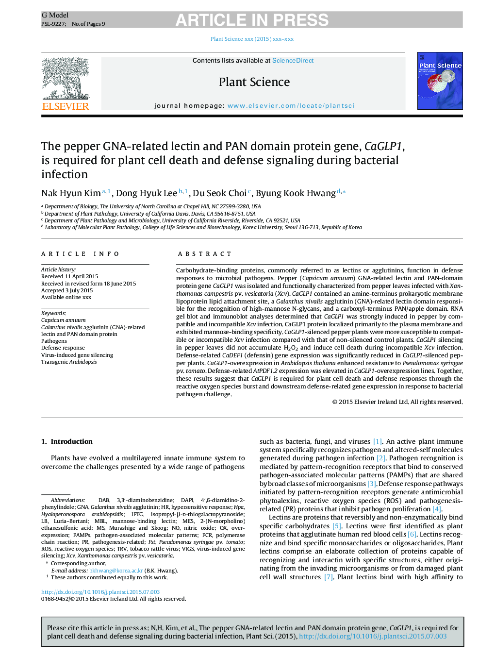 عکس صفحه اول مقاله: The pepper GNA-related lectin and PAN domain protein gene, CaGLP1, is required for plant cell death and defense signaling during bacterial infection The pepper GNA-related lectin and PAN domain protein gene, CaGLP1, is required for plant cell death and defense signaling during bacterial infection