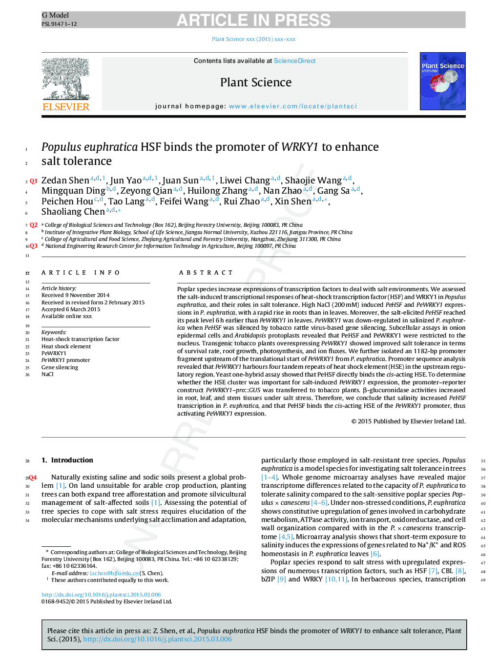 Populus euphratica HSF binds the promoter of WRKY1 to enhance salt tolerance