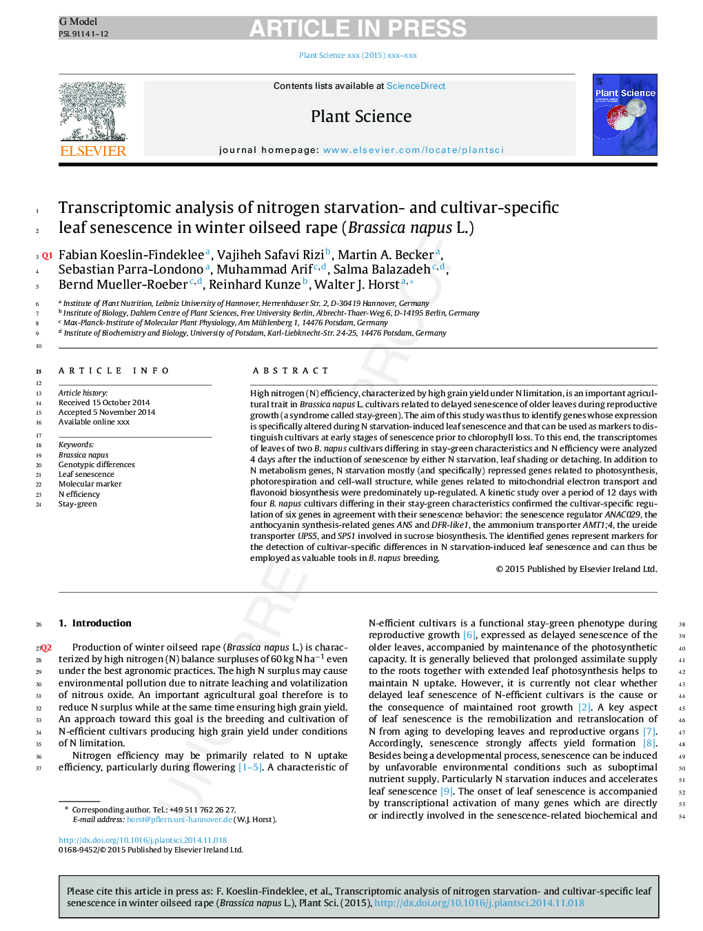 Transcriptomic analysis of nitrogen starvation- and cultivar-specific leaf senescence in winter oilseed rape (Brassica napus L.)