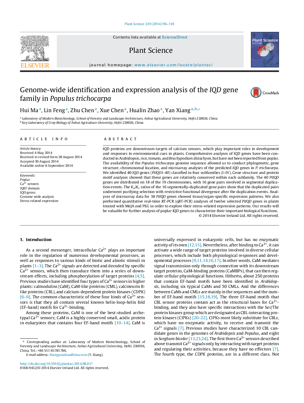 Genome-wide identification and expression analysis of the IQD gene family in Populus trichocarpa