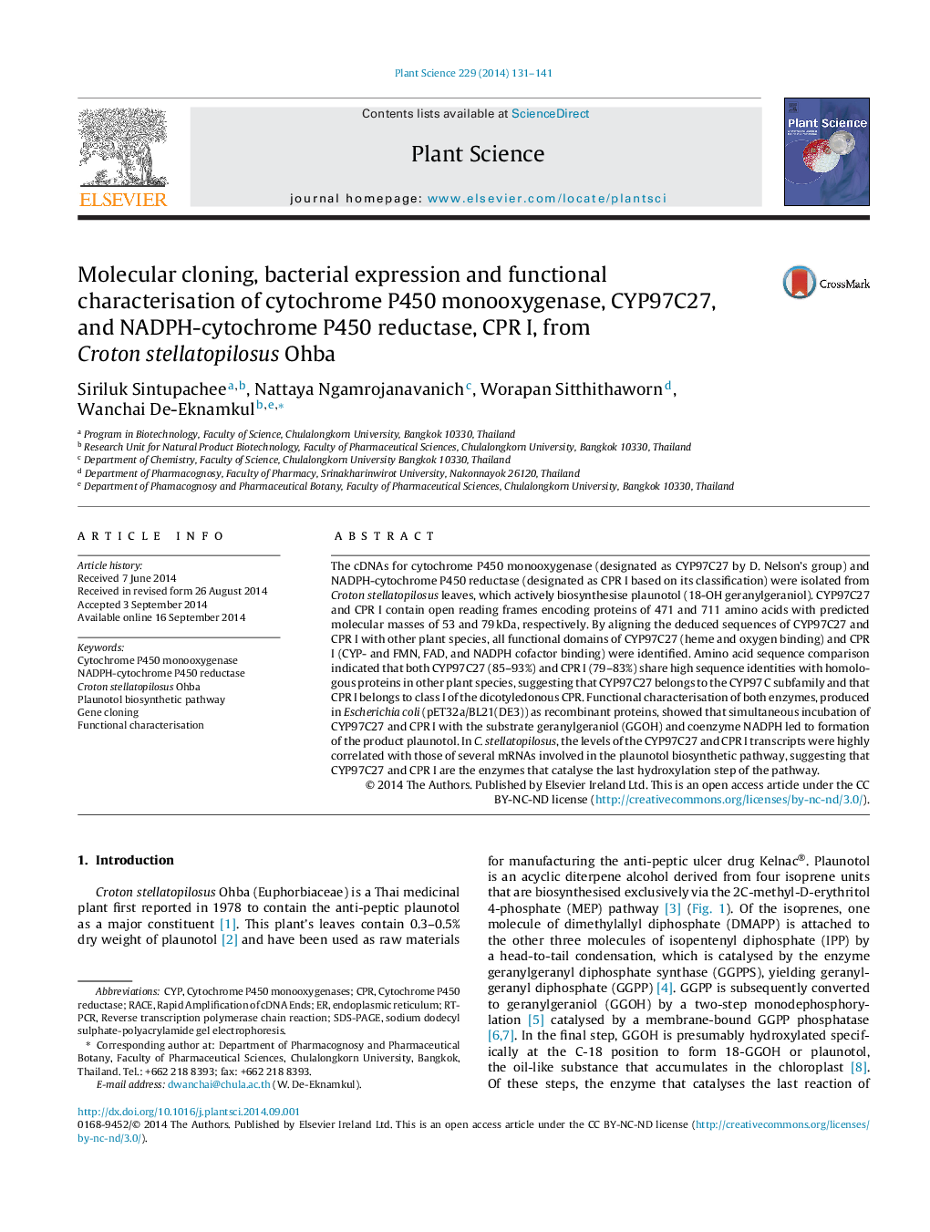 Molecular cloning, bacterial expression and functional characterisation of cytochrome P450 monooxygenase, CYP97C27, and NADPH-cytochrome P450 reductase, CPR I, from Croton stellatopilosus Ohba