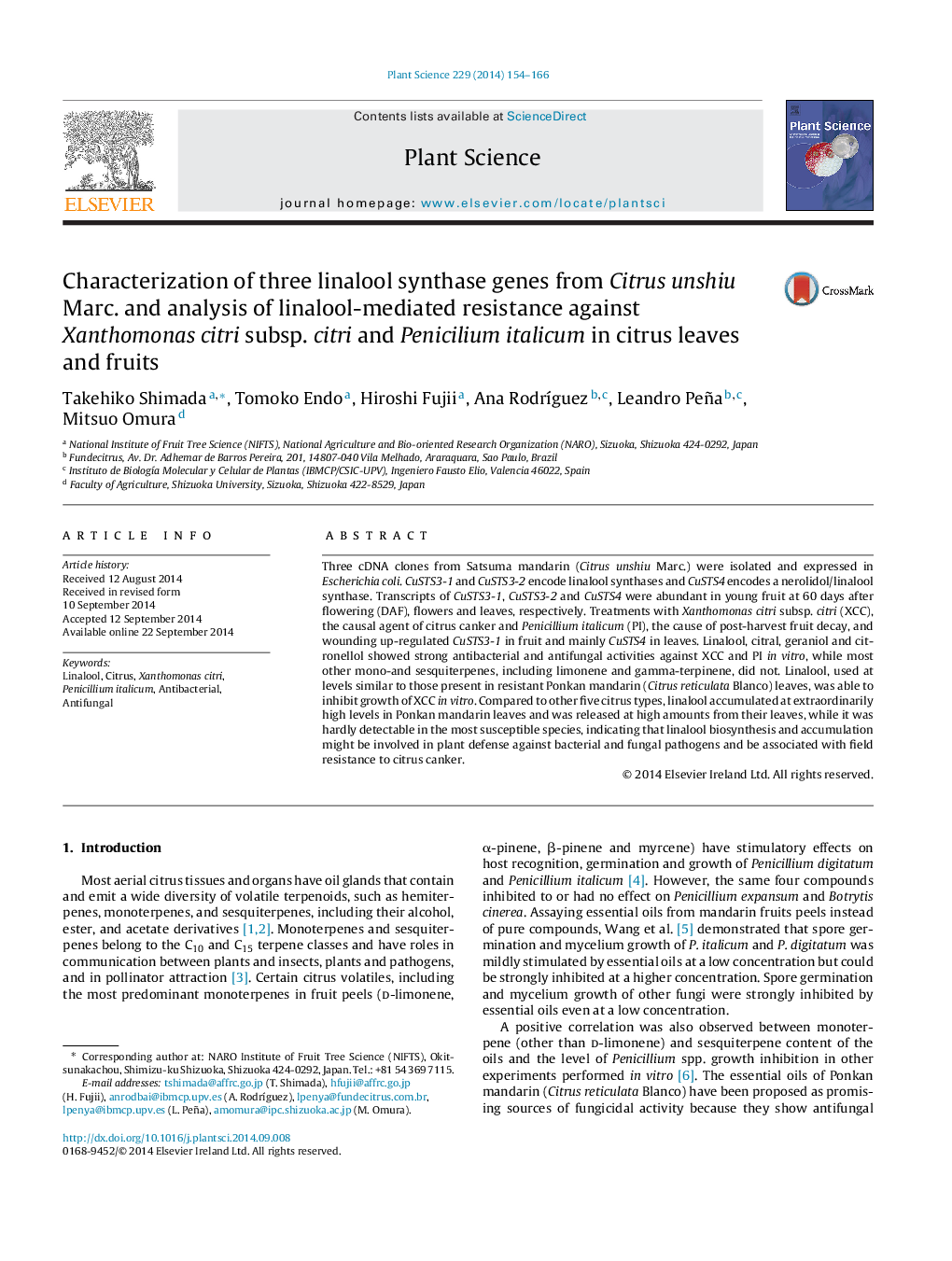 Characterization of three linalool synthase genes from Citrus unshiu Marc. and analysis of linalool-mediated resistance against Xanthomonas citri subsp. citri and Penicilium italicum in citrus leaves and fruits