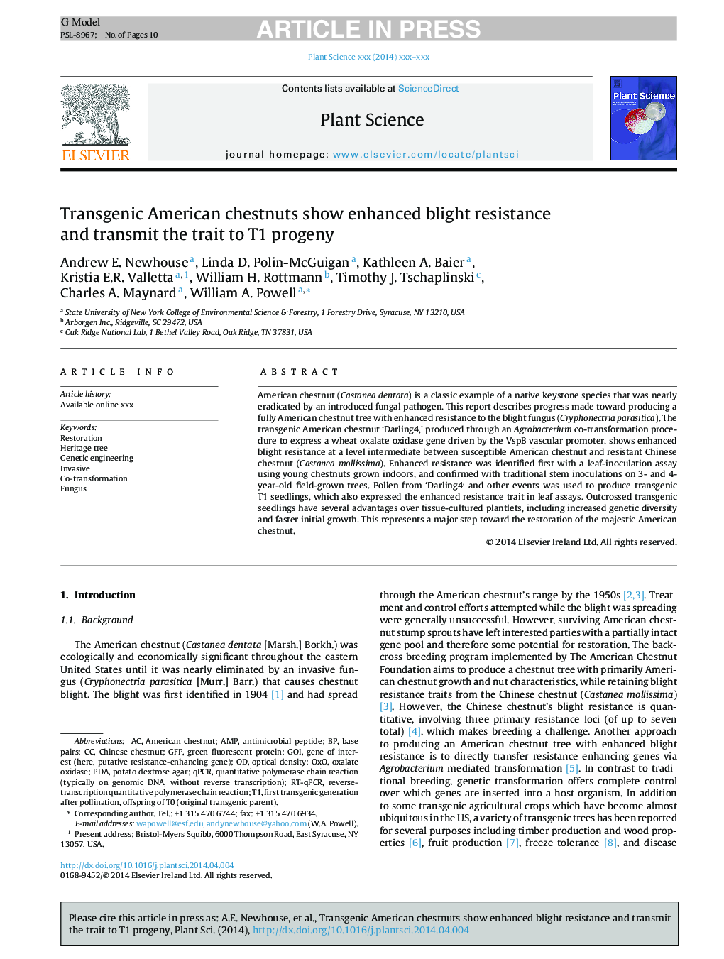 Transgenic American chestnuts show enhanced blight resistance and transmit the trait to T1 progeny