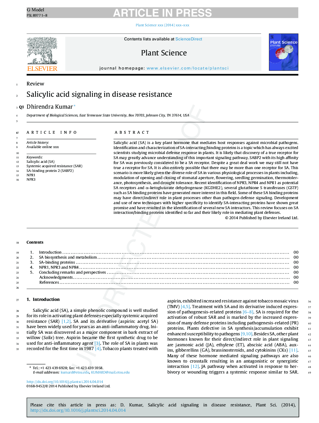 Salicylic acid signaling in disease resistance