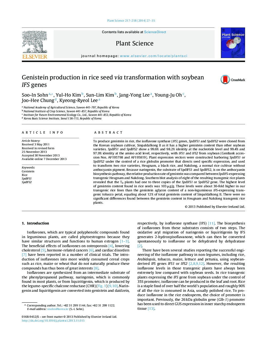 Genistein production in rice seed via transformation with soybean IFS genes