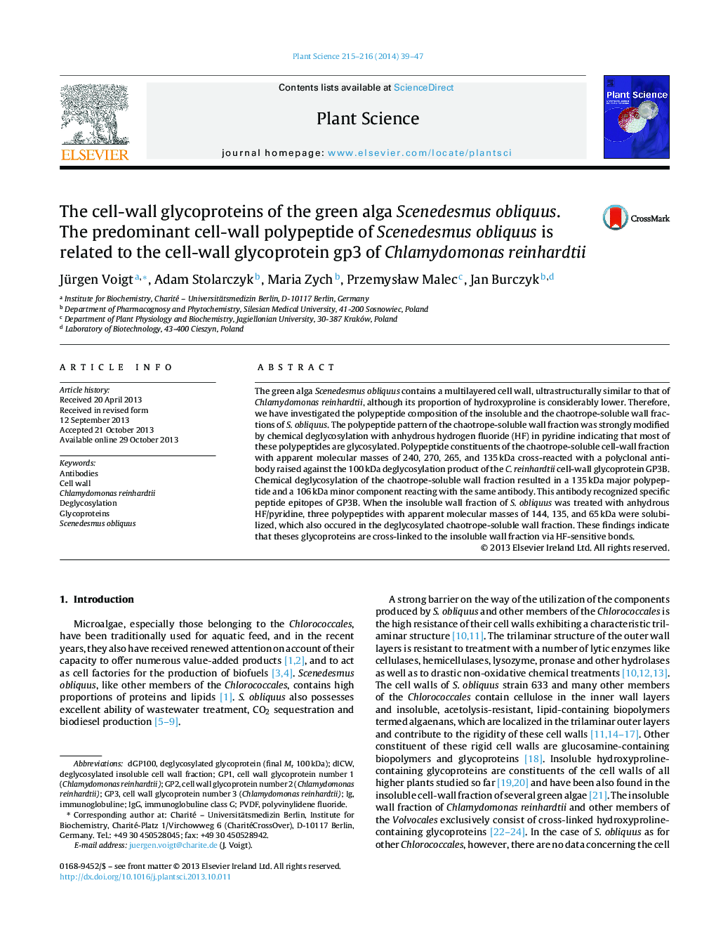 The cell-wall glycoproteins of the green alga Scenedesmus obliquus. The predominant cell-wall polypeptide of Scenedesmus obliquus is related to the cell-wall glycoprotein gp3 of Chlamydomonas reinhardtii