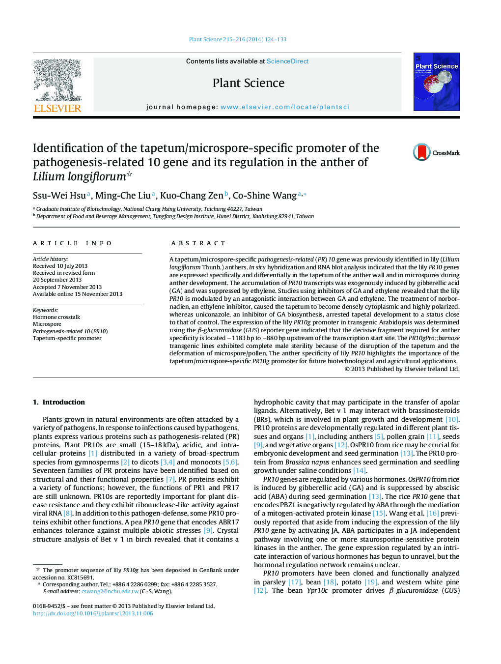 Identification of the tapetum/microspore-specific promoter of the pathogenesis-related 10 gene and its regulation in the anther of Lilium longiflorum