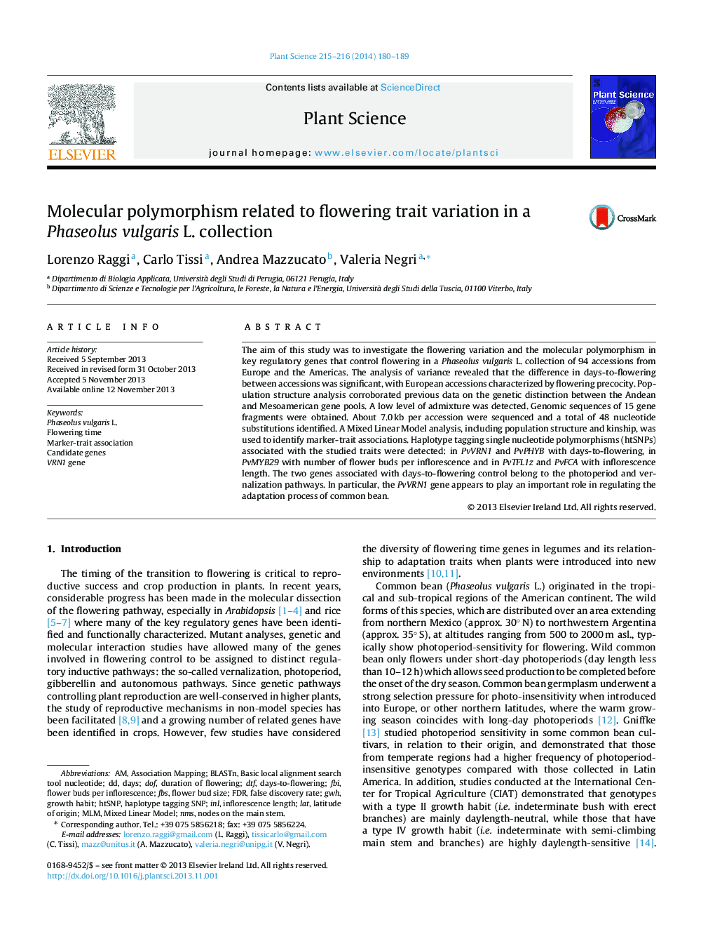 Molecular polymorphism related to flowering trait variation in a Phaseolus vulgaris L. collection