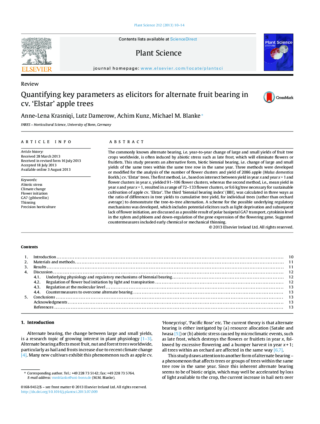 Quantifying key parameters as elicitors for alternate fruit bearing in cv. 'Elstar' apple trees