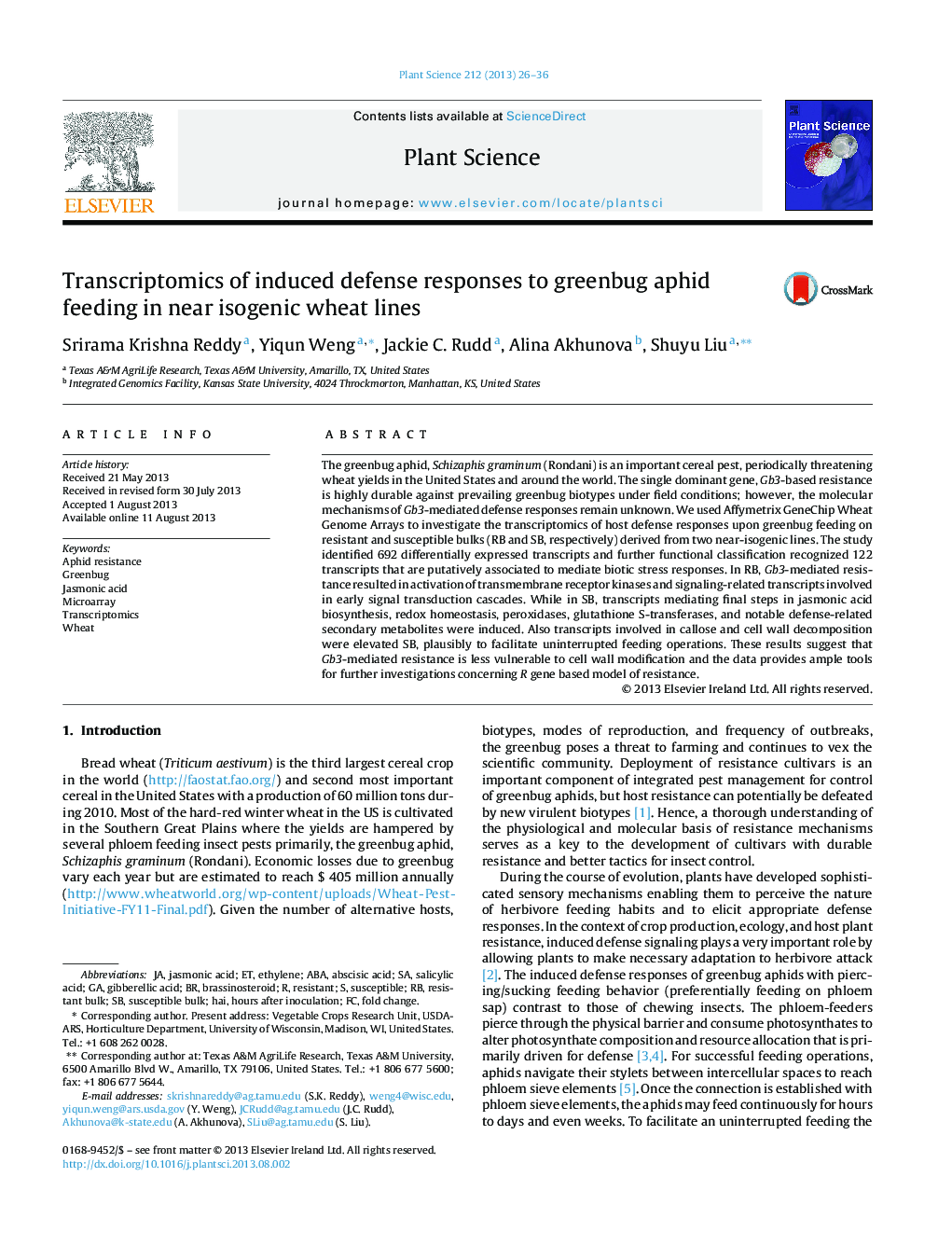 Transcriptomics of induced defense responses to greenbug aphid feeding in near isogenic wheat lines