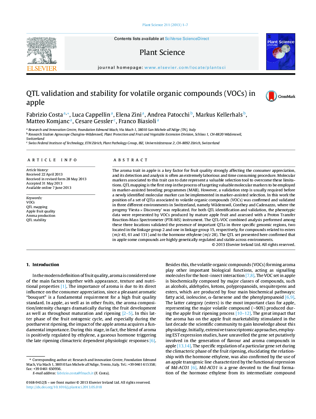 QTL validation and stability for volatile organic compounds (VOCs) in apple