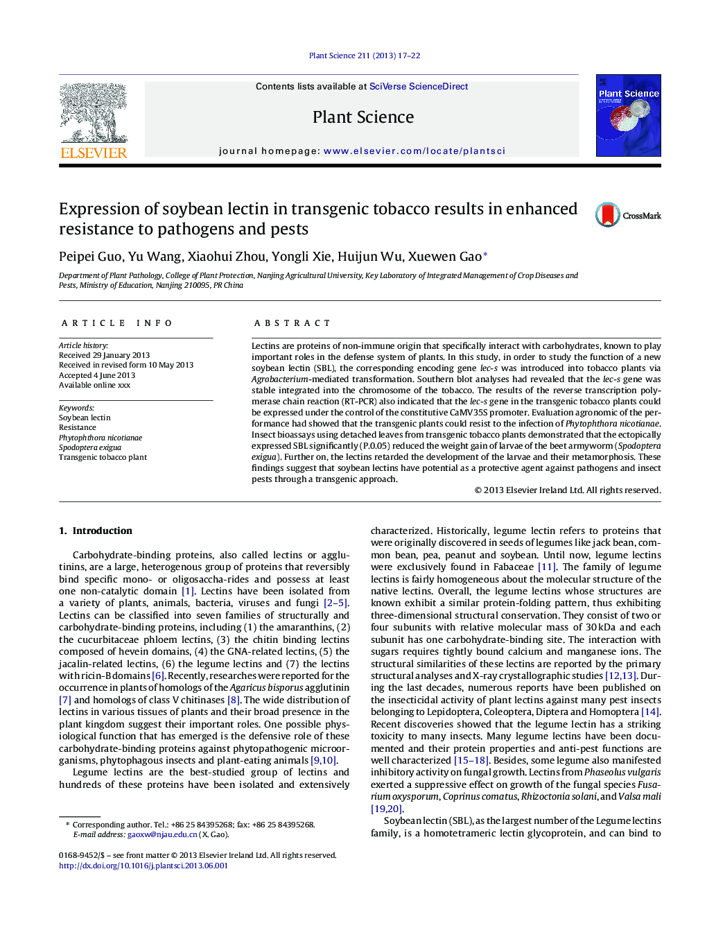 Expression of soybean lectin in transgenic tobacco results in enhanced resistance to pathogens and pests