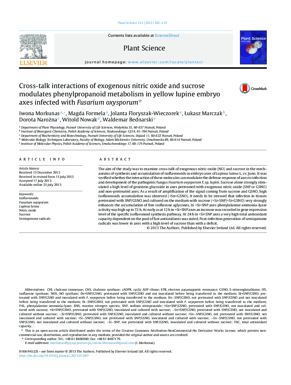 Cross-talk interactions of exogenous nitric oxide and sucrose modulates phenylpropanoid metabolism in yellow lupine embryo axes infected with Fusarium oxysporum