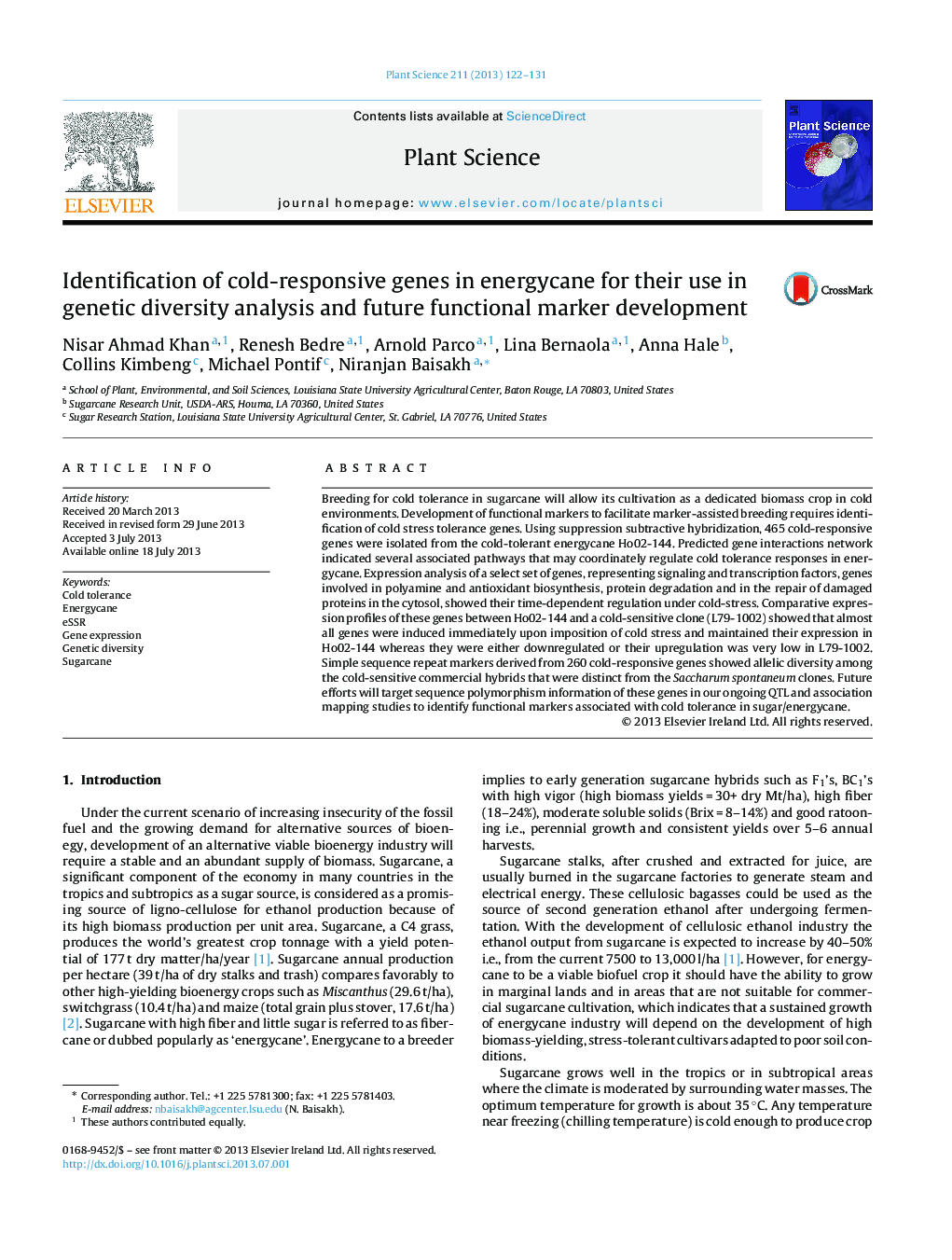 Identification of cold-responsive genes in energycane for their use in genetic diversity analysis and future functional marker development