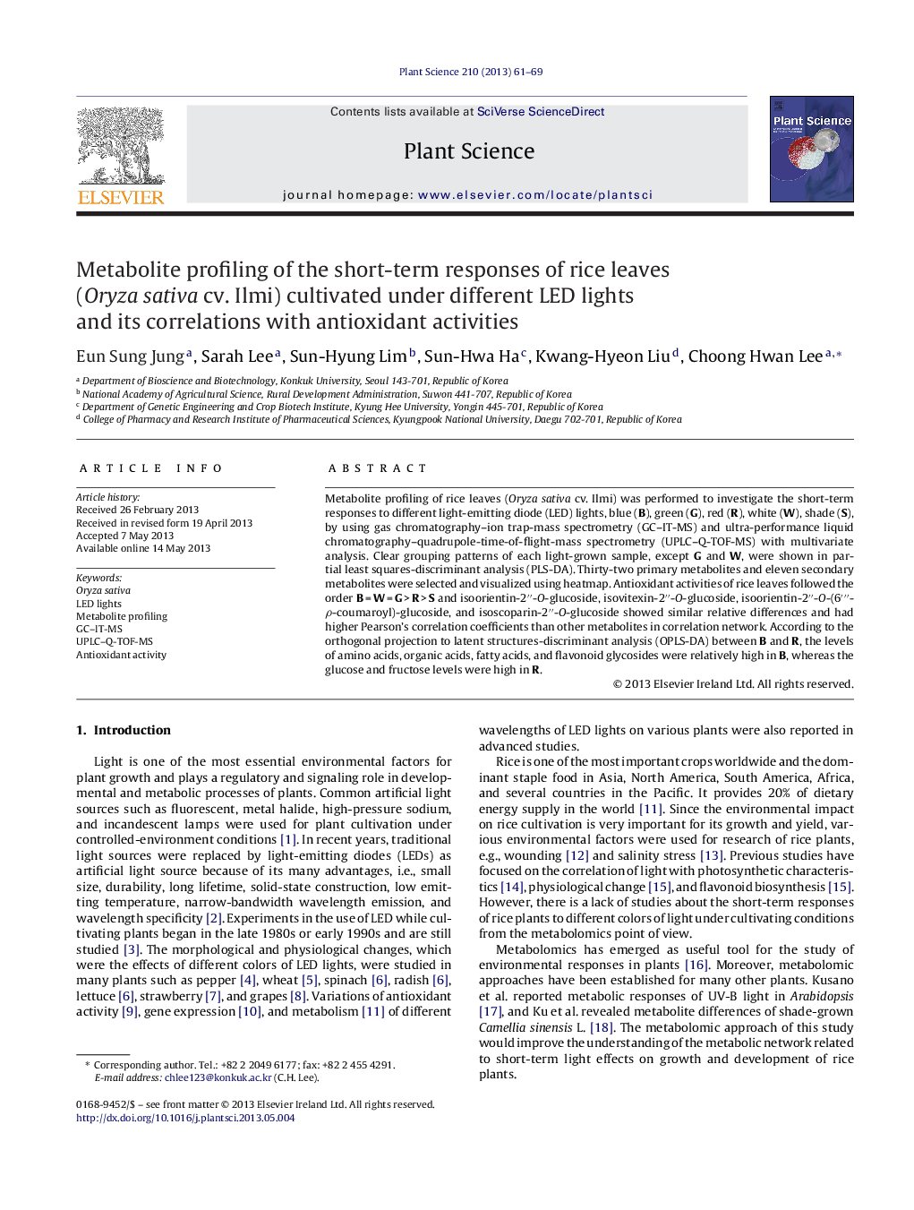 Metabolite profiling of the short-term responses of rice leaves (Oryza sativa cv. Ilmi) cultivated under different LED lights and its correlations with antioxidant activities