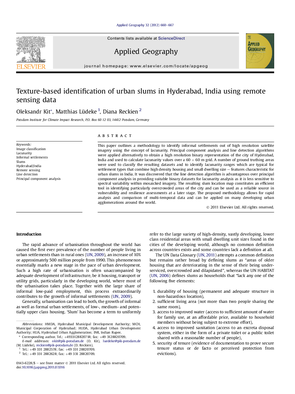 Texture-based identification of urban slums in Hyderabad, India using remote sensing data