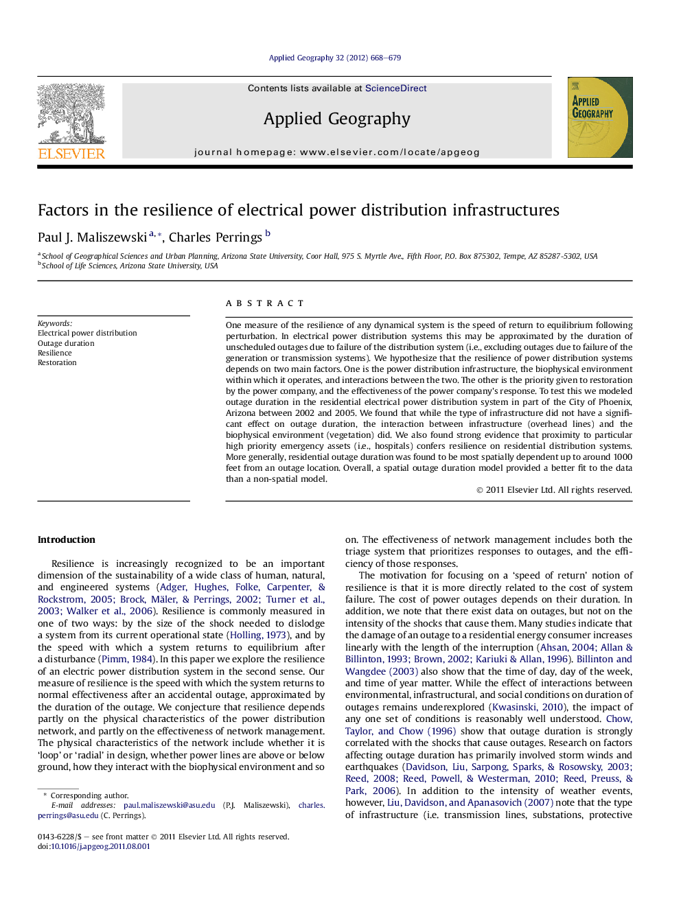 Factors in the resilience of electrical power distribution infrastructures